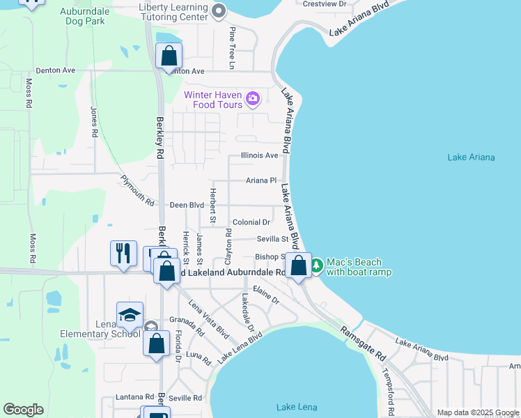 map of restaurants, bars, coffee shops, grocery stores, and more near 111 Deen Boulevard in Auburndale