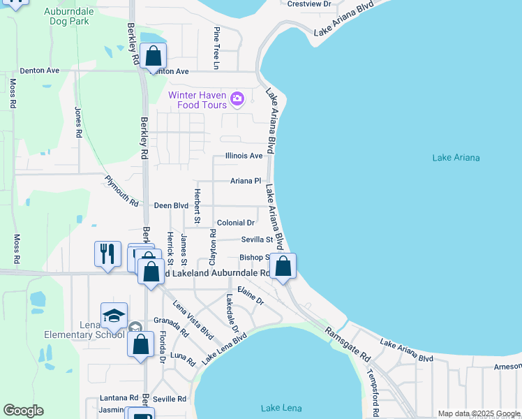 map of restaurants, bars, coffee shops, grocery stores, and more near 103 Colonial Drive in Auburndale