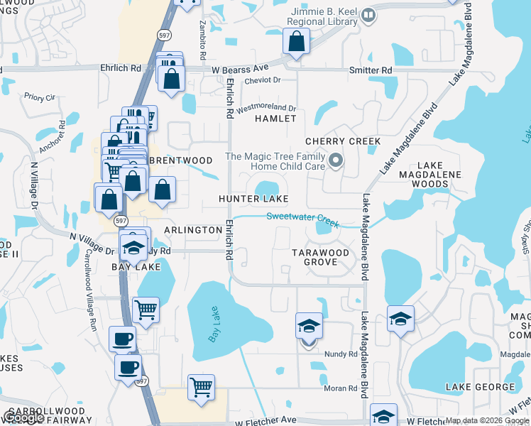 map of restaurants, bars, coffee shops, grocery stores, and more near 3311 Foxridge Circle in Tampa
