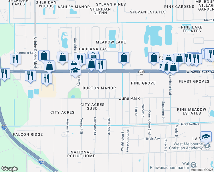 map of restaurants, bars, coffee shops, grocery stores, and more near 2013 New York Street in Melbourne