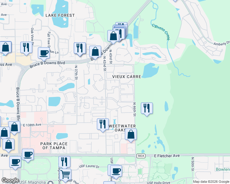 map of restaurants, bars, coffee shops, grocery stores, and more near 14327 Hanging Moss Circle in Tampa