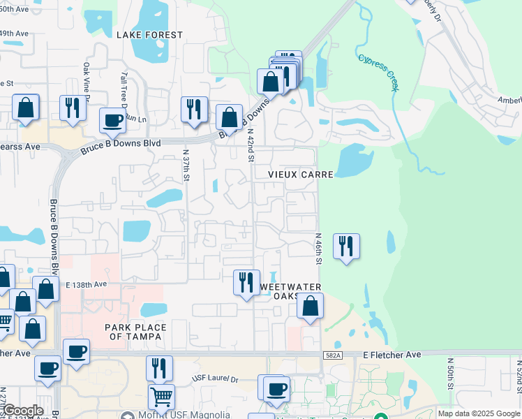 map of restaurants, bars, coffee shops, grocery stores, and more near 14310 Hanging Moss Circle in Tampa