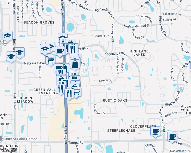 map of restaurants, bars, coffee shops, grocery stores, and more near 2736 Hamble Village Lane in Palm Harbor