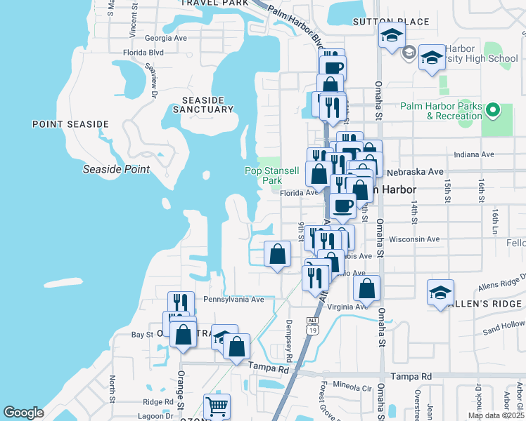 map of restaurants, bars, coffee shops, grocery stores, and more near 755 Soundview Drive in Palm Harbor