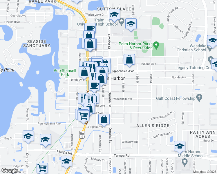 map of restaurants, bars, coffee shops, grocery stores, and more near 927 Omaha Street in Palm Harbor