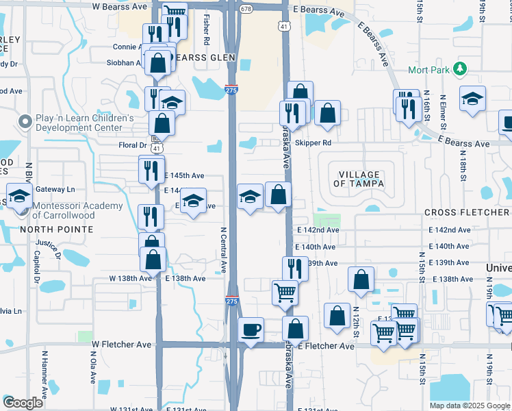 map of restaurants, bars, coffee shops, grocery stores, and more near 14320 North Nebraska Avenue in Tampa