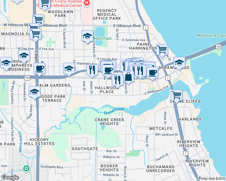 map of restaurants, bars, coffee shops, grocery stores, and more near 615 East New Haven Avenue in Melbourne