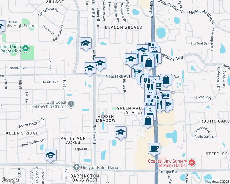 map of restaurants, bars, coffee shops, grocery stores, and more near 2229 Tamarron Terrace in Palm Harbor
