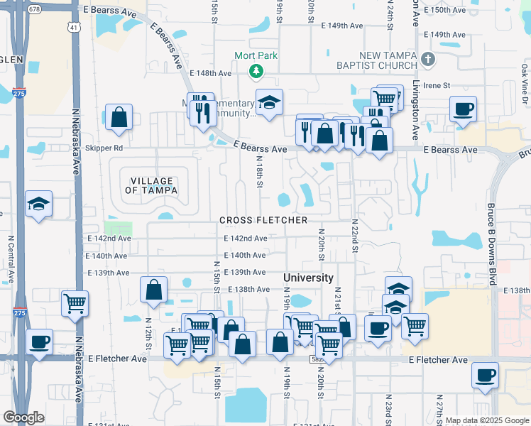 map of restaurants, bars, coffee shops, grocery stores, and more near 14303 North 18th Street in Tampa