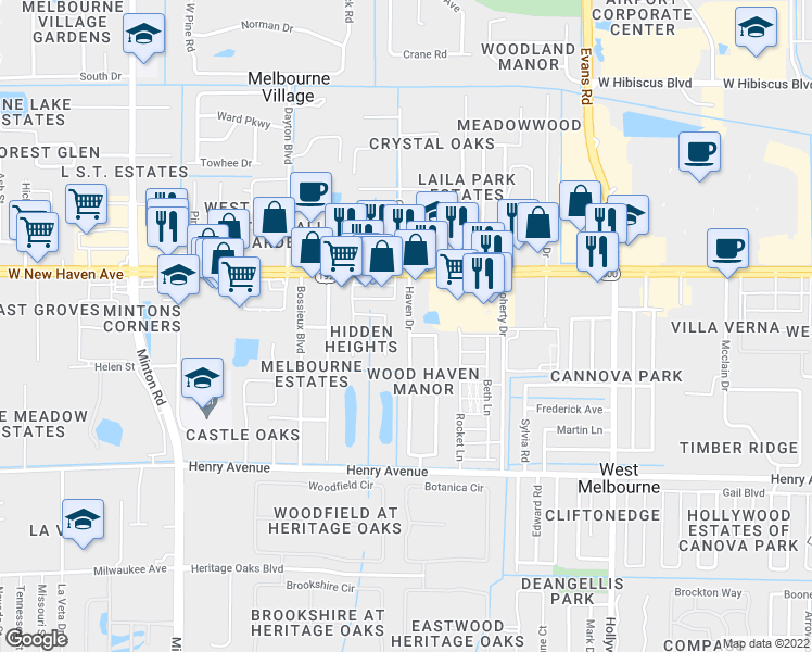 map of restaurants, bars, coffee shops, grocery stores, and more near 81 Haven Drive in West Melbourne
