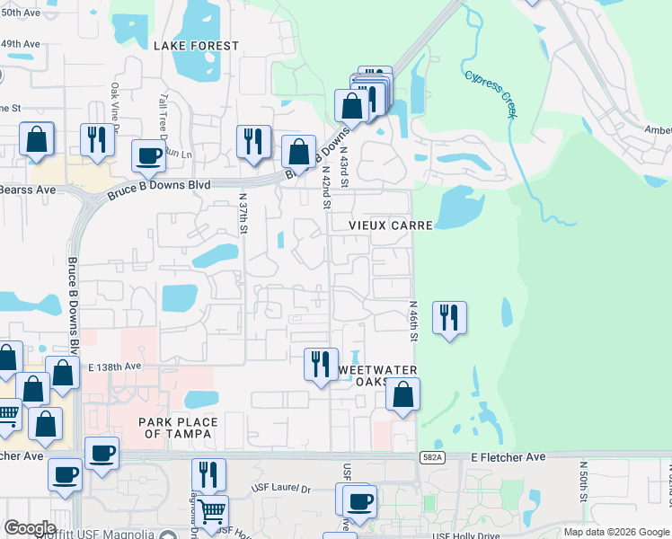 map of restaurants, bars, coffee shops, grocery stores, and more near 14308 Hanging Moss Circle in Tampa