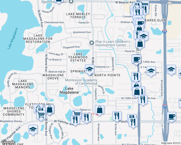 map of restaurants, bars, coffee shops, grocery stores, and more near 907 Clearcreek Drive in Tampa