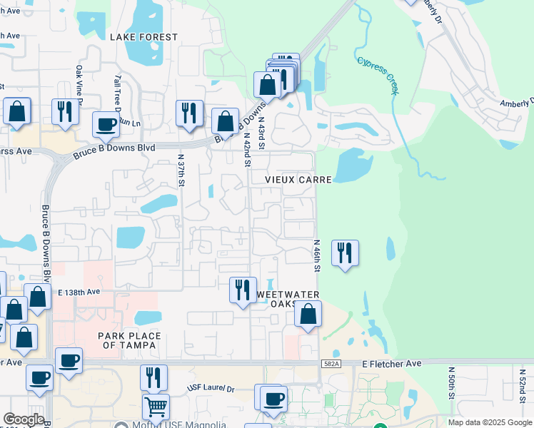 map of restaurants, bars, coffee shops, grocery stores, and more near 14327 Hanging Moss Circle in Tampa