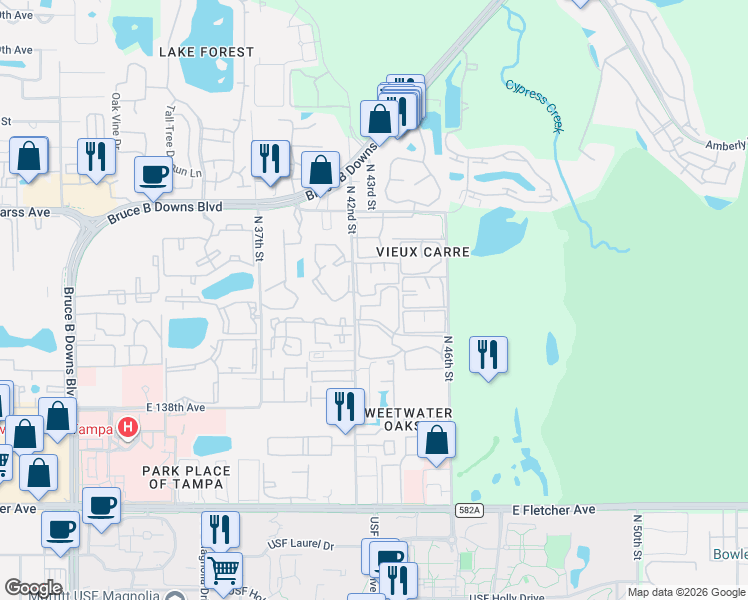 map of restaurants, bars, coffee shops, grocery stores, and more near 14327 Hanging Moss Circle in Tampa
