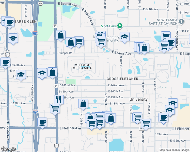 map of restaurants, bars, coffee shops, grocery stores, and more near 1407 East 143rd Avenue in Tampa