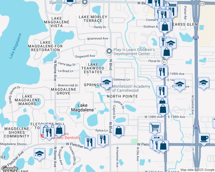 map of restaurants, bars, coffee shops, grocery stores, and more near 907 Clearcreek Drive in Tampa