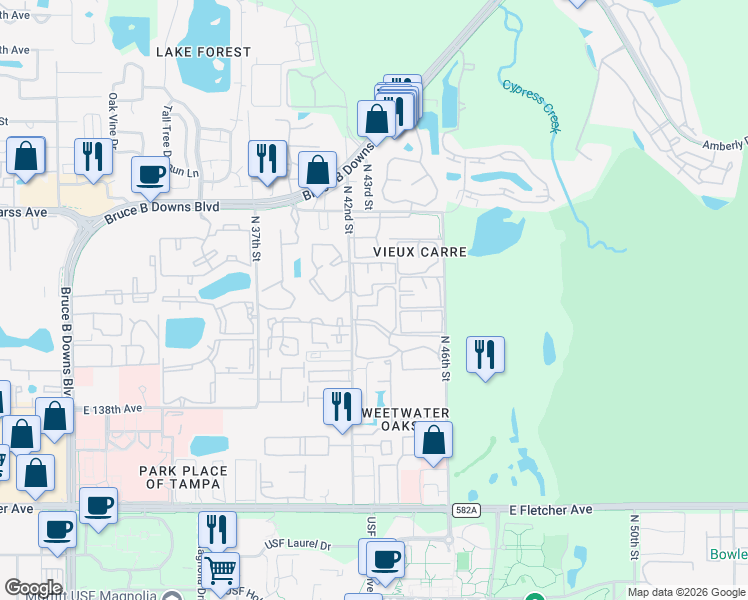 map of restaurants, bars, coffee shops, grocery stores, and more near 14323 Hanging Moss Circle in Tampa