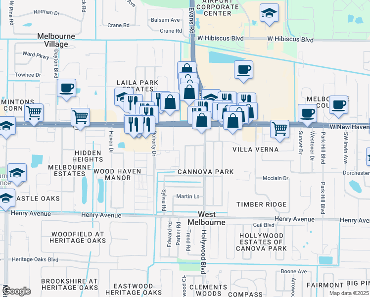 map of restaurants, bars, coffee shops, grocery stores, and more near 108 Virginia Road in Melbourne