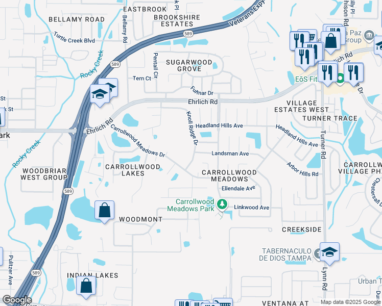 map of restaurants, bars, coffee shops, grocery stores, and more near 14304 Knoll Ridge Drive in Tampa