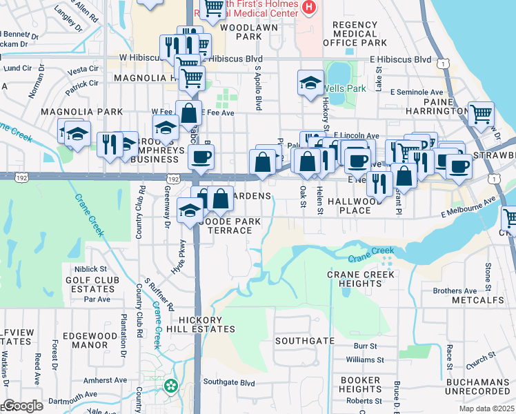 map of restaurants, bars, coffee shops, grocery stores, and more near 2106 Franklin Street in Melbourne