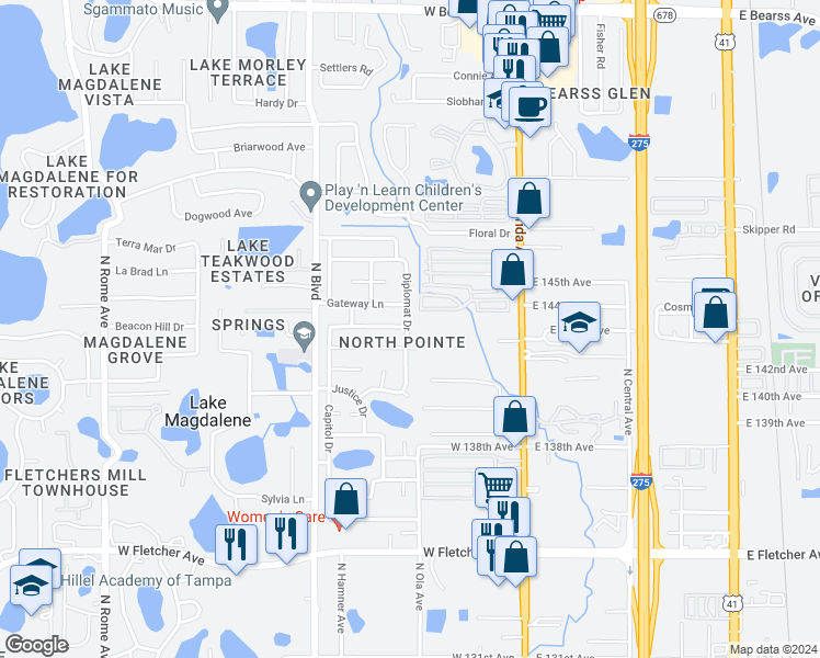 map of restaurants, bars, coffee shops, grocery stores, and more near 14333 Capitol Drive in Tampa