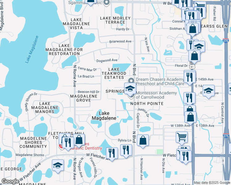 map of restaurants, bars, coffee shops, grocery stores, and more near 14303 Eureka Place in Tampa