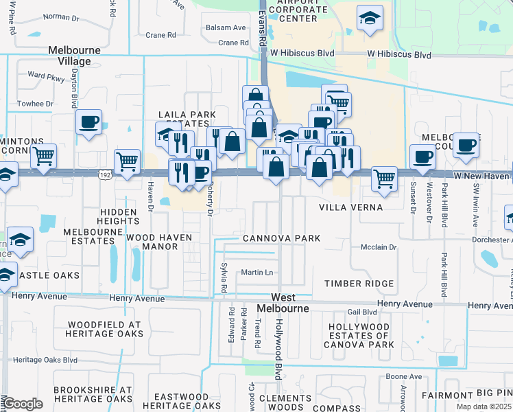map of restaurants, bars, coffee shops, grocery stores, and more near 108 Virginia Road in Melbourne