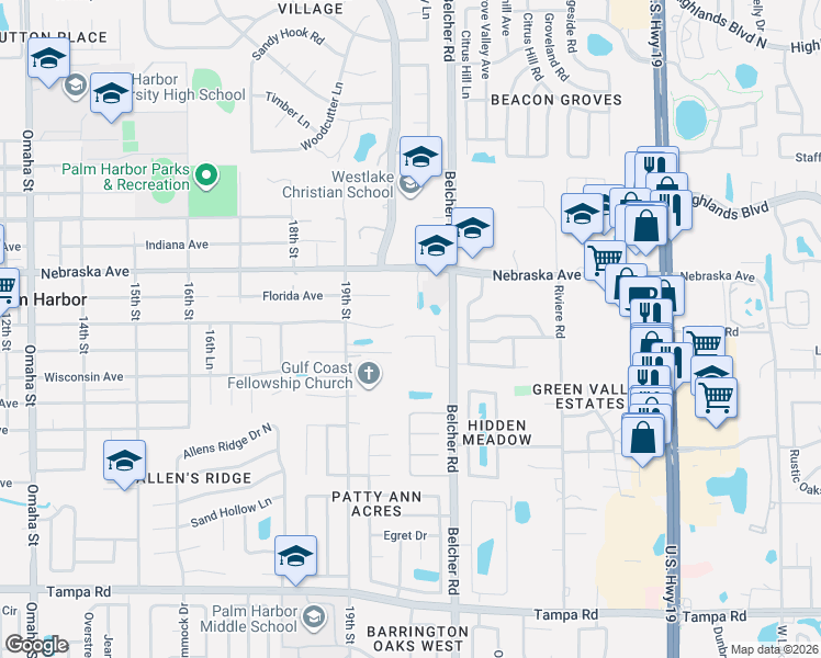 map of restaurants, bars, coffee shops, grocery stores, and more near 923 Belcher Road in Palm Harbor