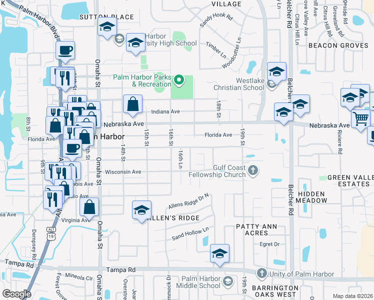 map of restaurants, bars, coffee shops, grocery stores, and more near 993 16th Way in Palm Harbor