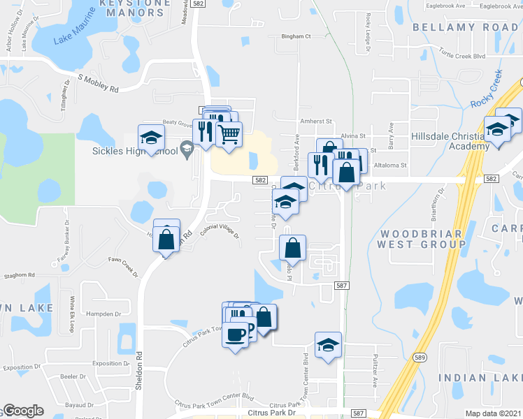 map of restaurants, bars, coffee shops, grocery stores, and more near 7609 Caracal Court in Tampa
