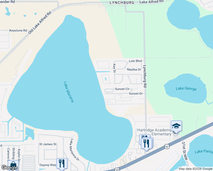 map of restaurants, bars, coffee shops, grocery stores, and more near 2034 Thelma Drive in Lake Alfred