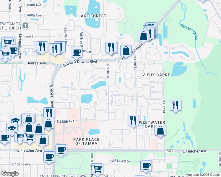 map of restaurants, bars, coffee shops, grocery stores, and more near 14402 Audubon Trace in Tampa