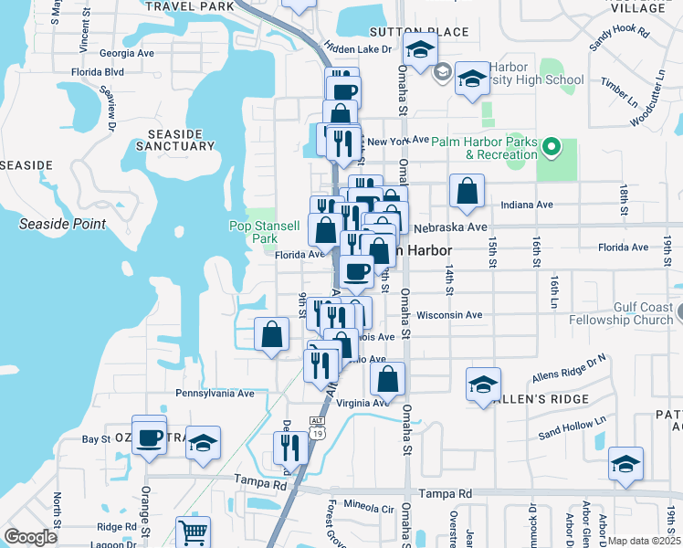 map of restaurants, bars, coffee shops, grocery stores, and more near 924 US Route 19 in Palm Harbor