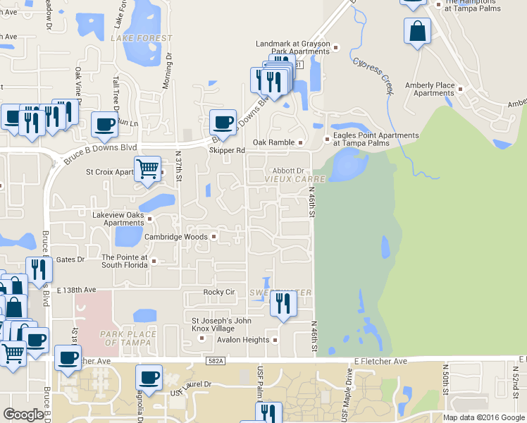 map of restaurants, bars, coffee shops, grocery stores, and more near 14327 Hanging Moss Circle in Tampa