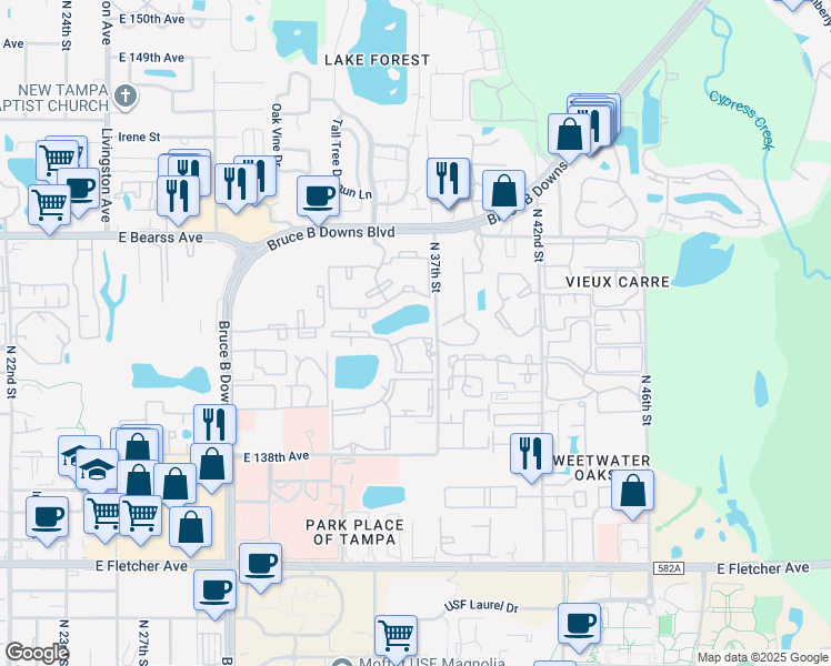 map of restaurants, bars, coffee shops, grocery stores, and more near 14226 Cyber Place in Tampa