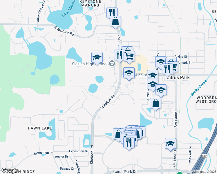 map of restaurants, bars, coffee shops, grocery stores, and more near 13850 Sheldon Road in Tampa