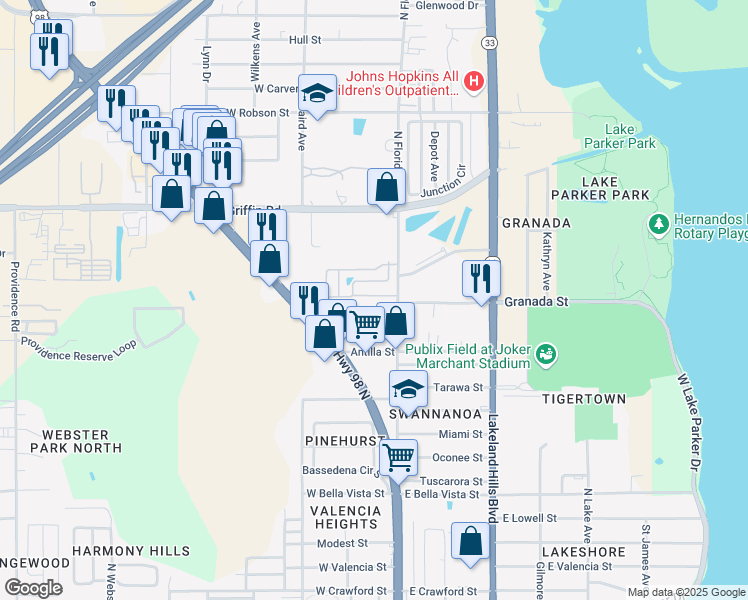 map of restaurants, bars, coffee shops, grocery stores, and more near 226 Queen Mary Loop in Lakeland