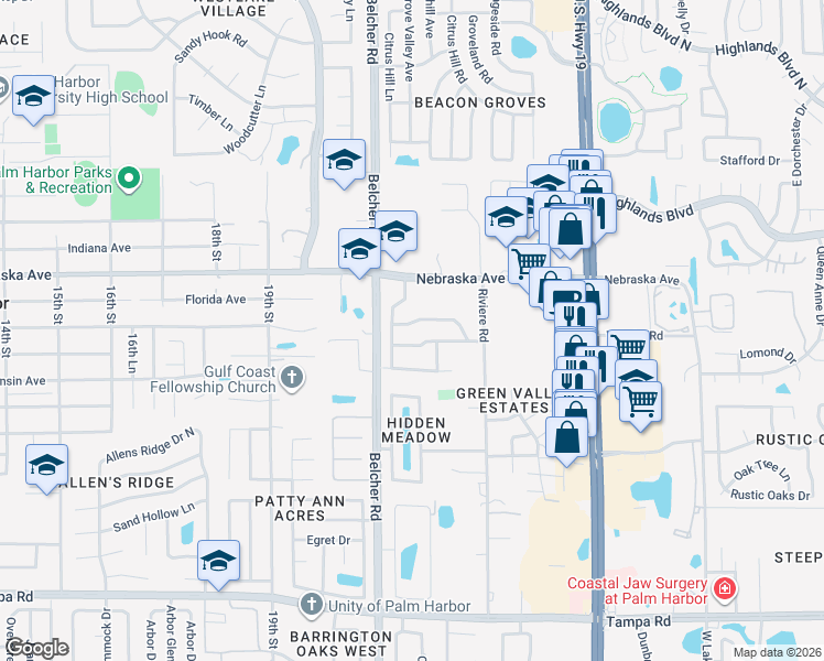 map of restaurants, bars, coffee shops, grocery stores, and more near 2150 Cimarron Terrace in Palm Harbor