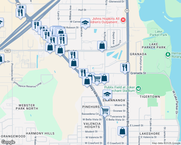 map of restaurants, bars, coffee shops, grocery stores, and more near 268 Queen Mary Loop in Lakeland