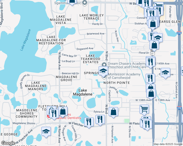 map of restaurants, bars, coffee shops, grocery stores, and more near 14303 Eureka Place in Tampa