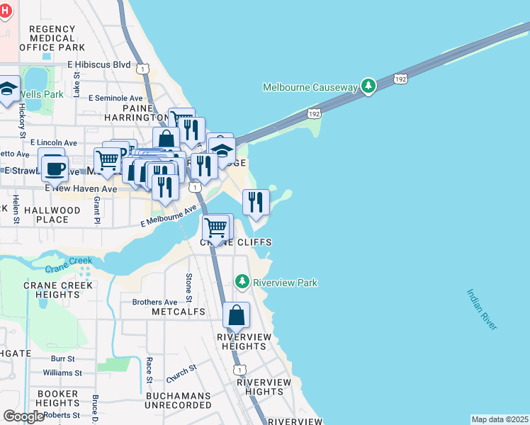 map of restaurants, bars, coffee shops, grocery stores, and more near 2250 Front Street in Melbourne