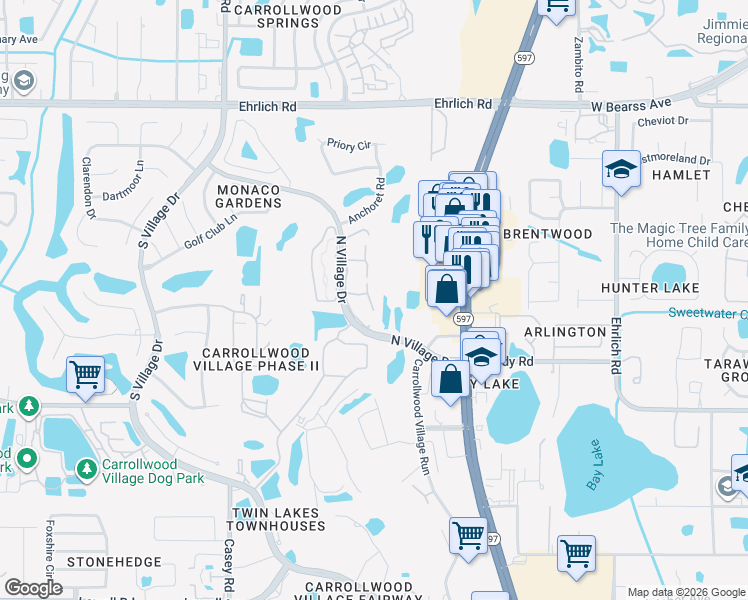 map of restaurants, bars, coffee shops, grocery stores, and more near 14107 Cypress Run in Tampa