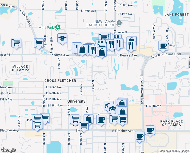 map of restaurants, bars, coffee shops, grocery stores, and more near 2448 Cedar Trace Circle in Tampa