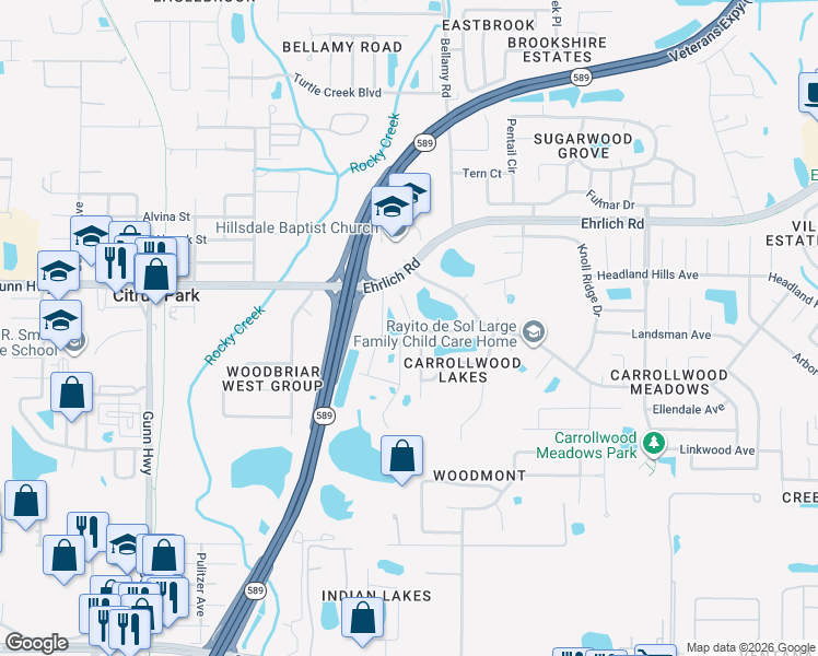 map of restaurants, bars, coffee shops, grocery stores, and more near 5730 Ridgestone Drive in Tampa