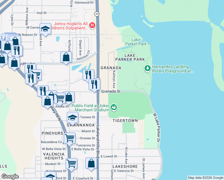 map of restaurants, bars, coffee shops, grocery stores, and more near 2700 Kathryn Avenue in Lakeland