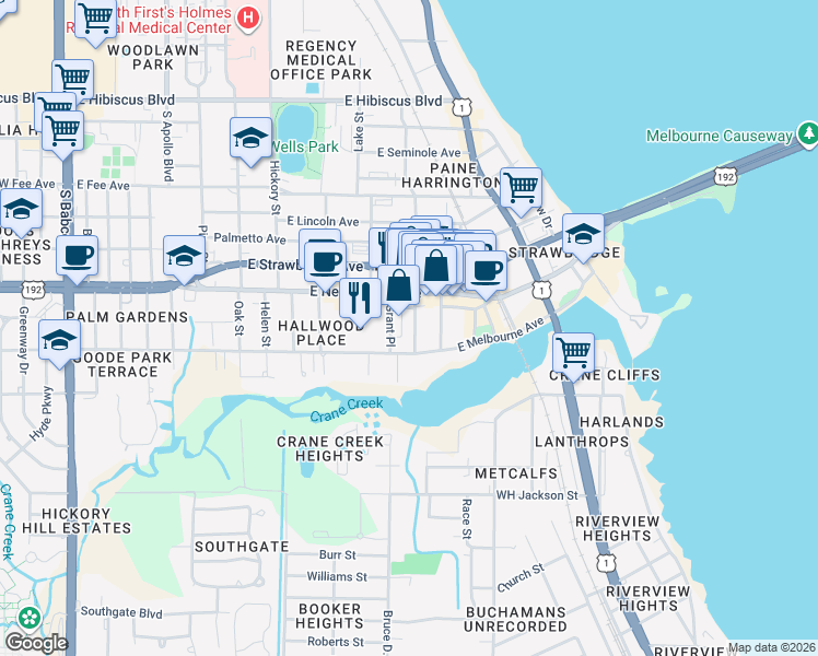 map of restaurants, bars, coffee shops, grocery stores, and more near 2103 Grant Place in Melbourne