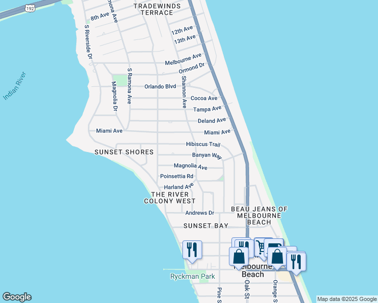 map of restaurants, bars, coffee shops, grocery stores, and more near 502 Banyan Way in Melbourne Beach