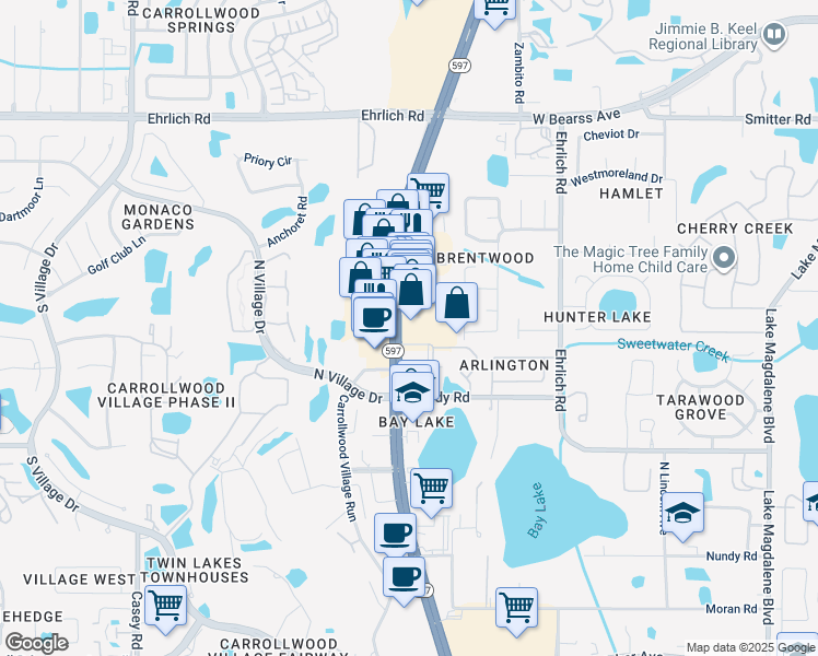 map of restaurants, bars, coffee shops, grocery stores, and more near 14309 Florida 597 in Tampa