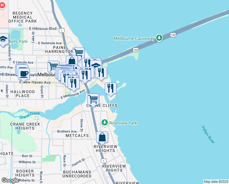 map of restaurants, bars, coffee shops, grocery stores, and more near 2250 Front Street in Melbourne