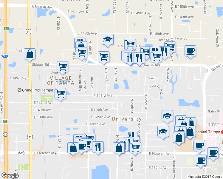 map of restaurants, bars, coffee shops, grocery stores, and more near 14303 North 18th Street in Tampa